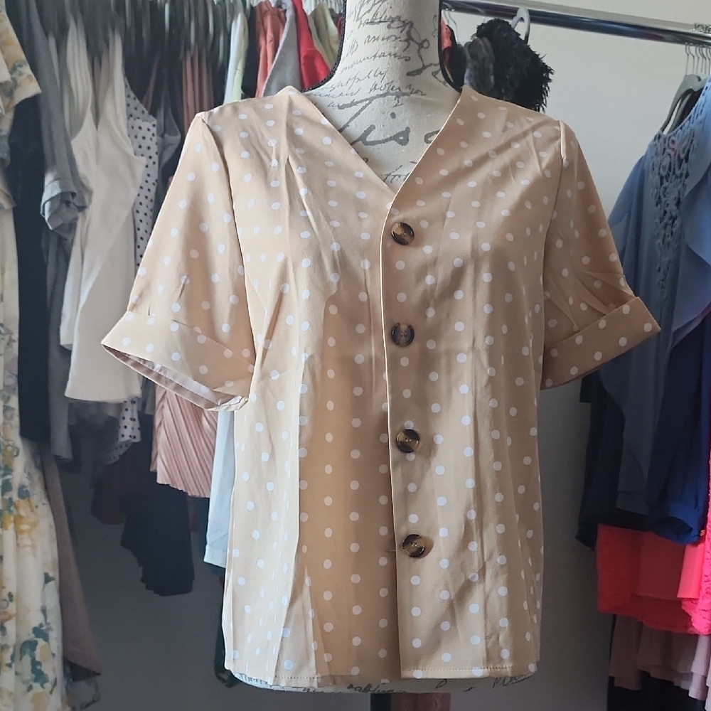 SHEIN Tan Polka Dot Button-Up Blouse